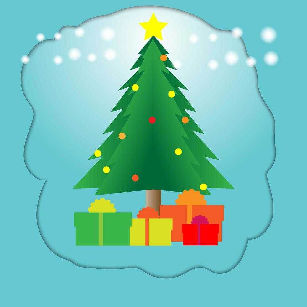 a árvore de natal é decorada com bolas e caixas de presente coloridas na base. vetor