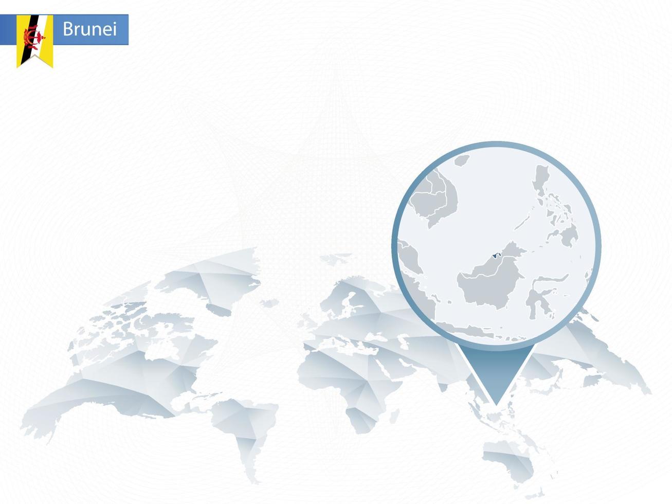 mapa-múndi arredondado abstrato com mapa brunei detalhado fixado. vetor