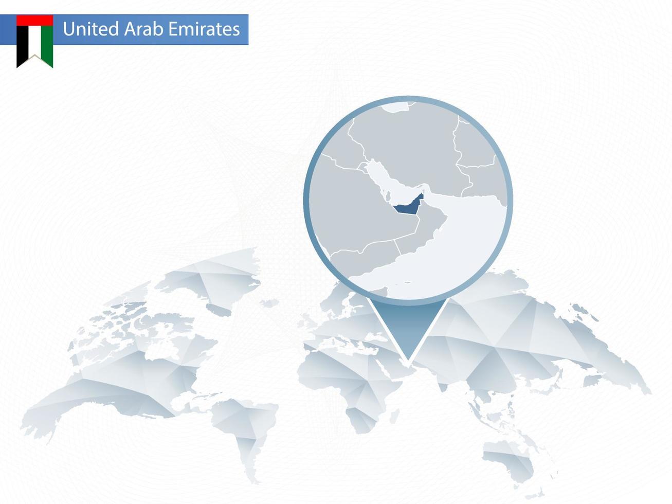 mapa-múndi arredondado abstrato com mapa detalhado fixado dos Emirados Árabes Unidos. vetor