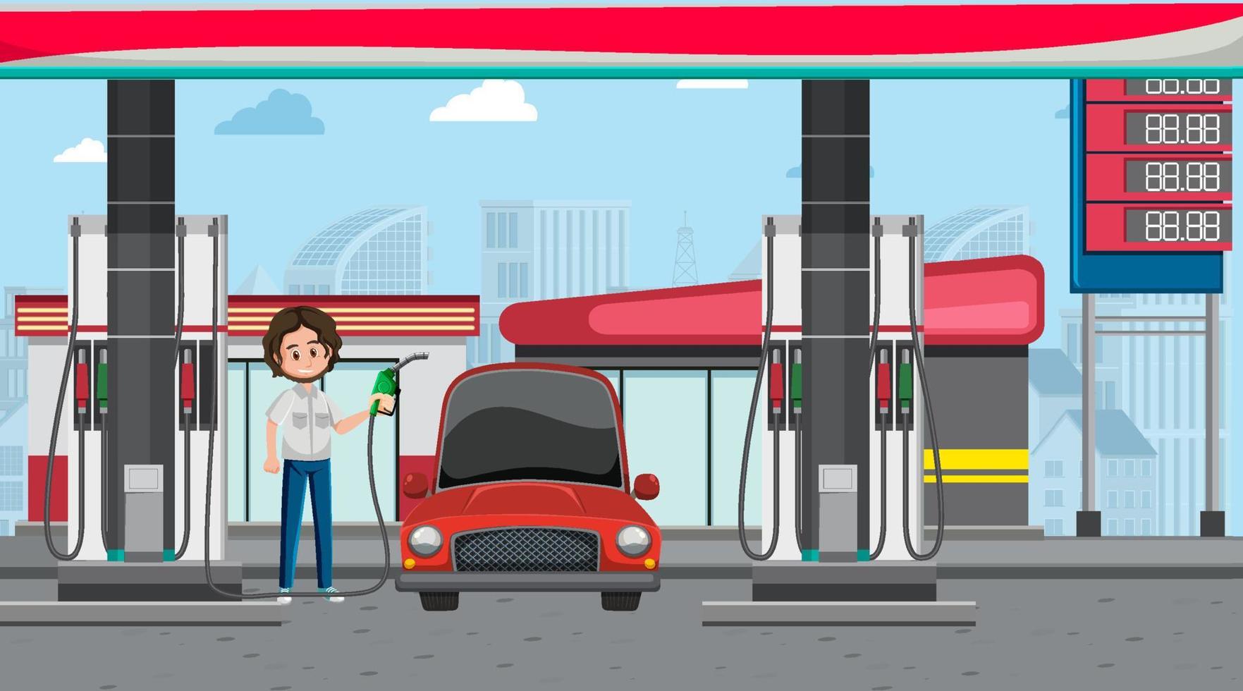 cena de desenho animado de posto de gasolina vetor