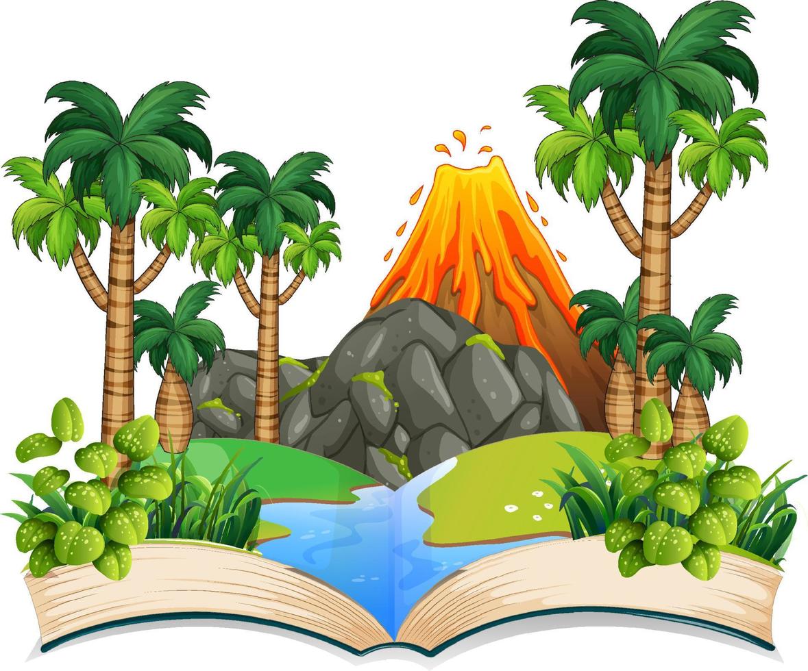 livro com cena de erupção do vulcão à beira do rio vetor