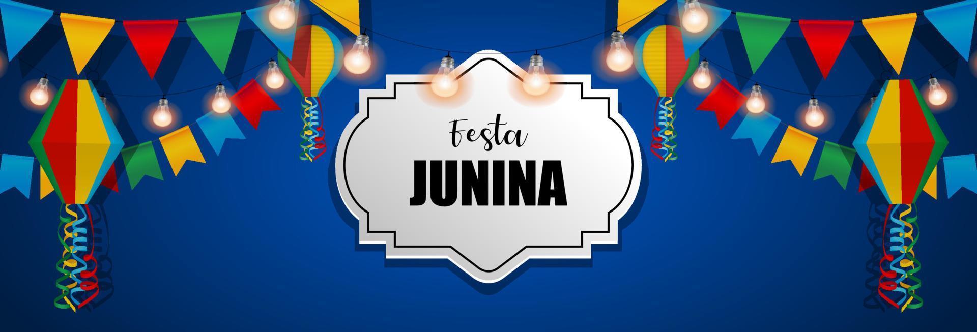 banner festa junina com bandeirolas e lanternas coloridas. junho festival brasileiro benner vetor
