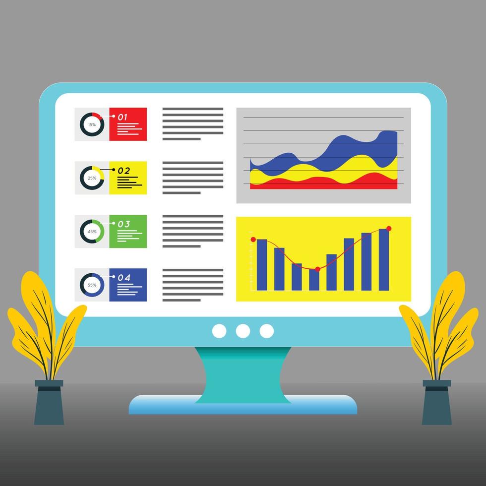 o computador de mesa está exibindo gráficos e tabelas. bom para ilustração de negócios vetor