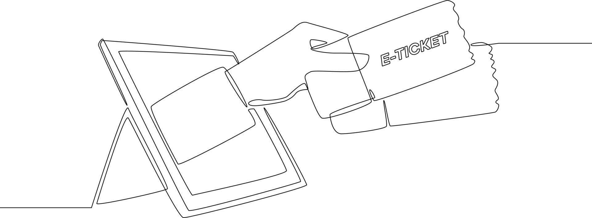 único desenho de linha contínua da mão do passageiro flutuando e segurando o e-ticket no mini tablet. uma linha desenhar design gráfico ilustração vetorial. vetor