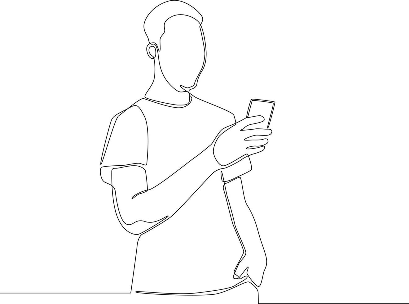 uma única linha desenhando um jovem estudante enviando uma mensagem via chat para alguém usando seu smartphone. vetor de design de desenho de linha contínua de conceito.