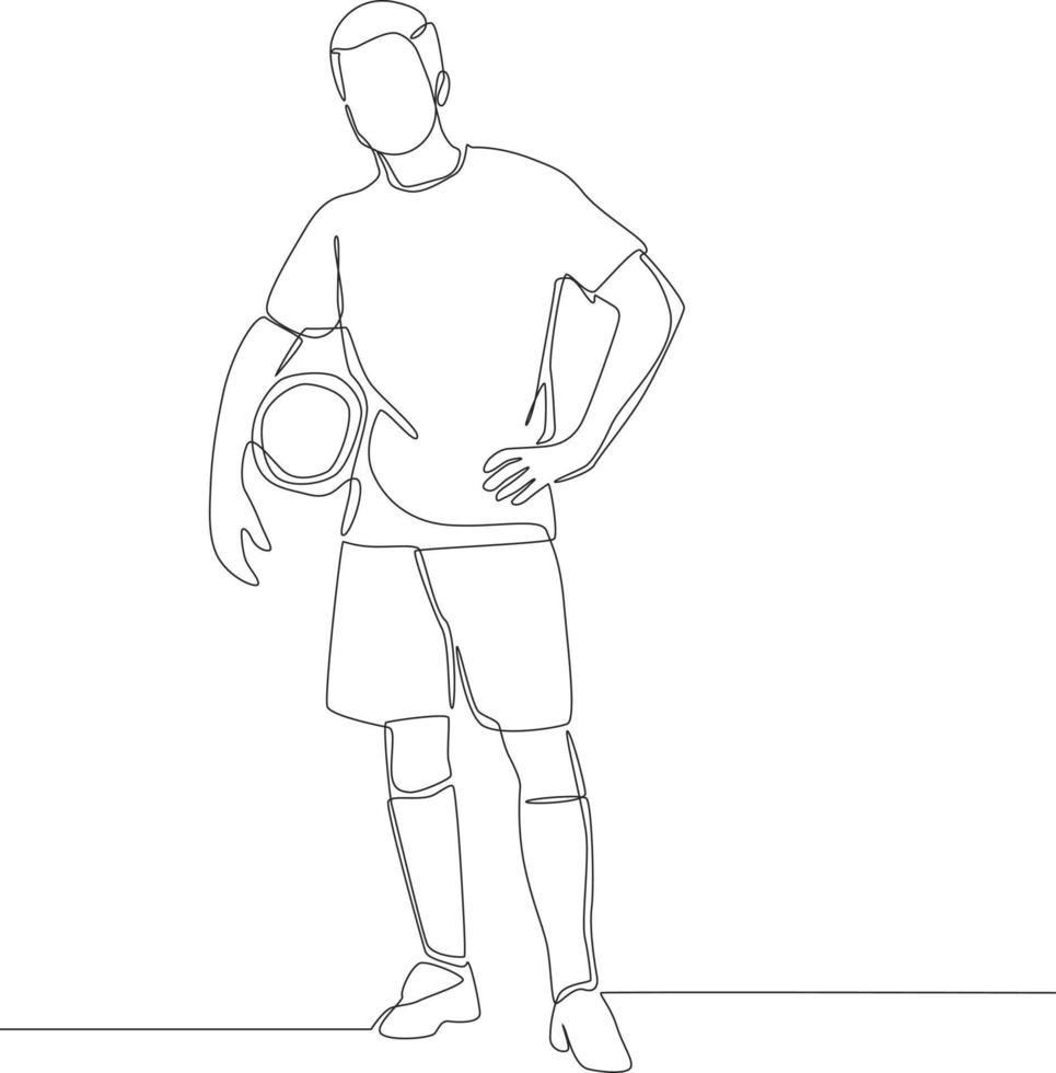 desenho de uma linha contínua de um jogador de futebol segurando uma bola de futebol isolada no fundo branco. moderna única linha desenhar design gráfico ilustração vetorial. vetor