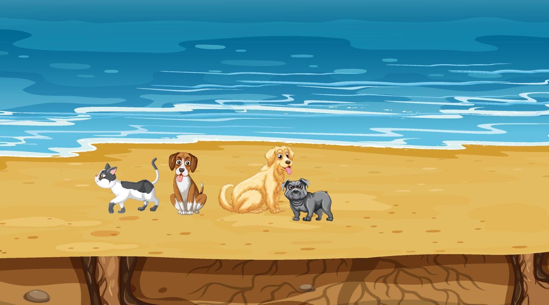 conjunto de diferentes animais domésticos na cena da praia vetor