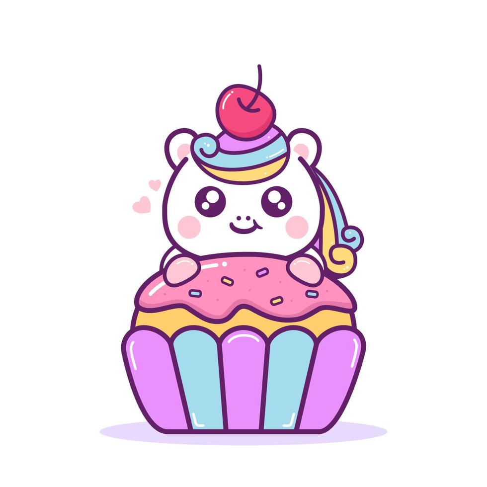 lindo unicórnio feliz com cupcake vetor