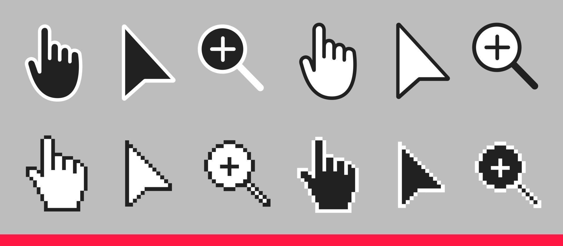 seta preto e branco, mão e lupa não pixel mouse cursor ícones vector conjunto de ilustração.