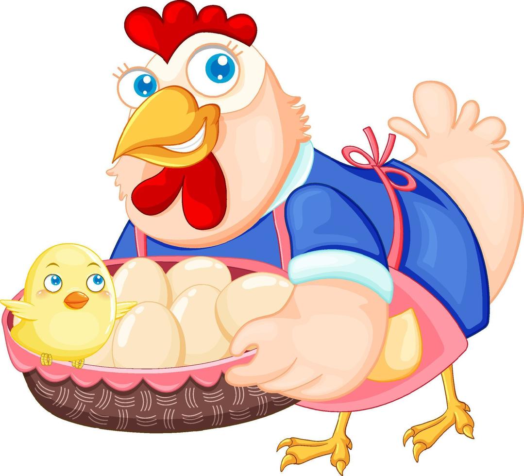 personagem de desenho animado de frango fofo segurando uma cesta de ovos e pintinho vetor