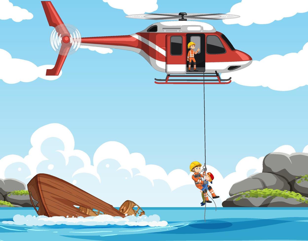 cena do oceano com resgate de bombeiro em estilo cartoon vetor