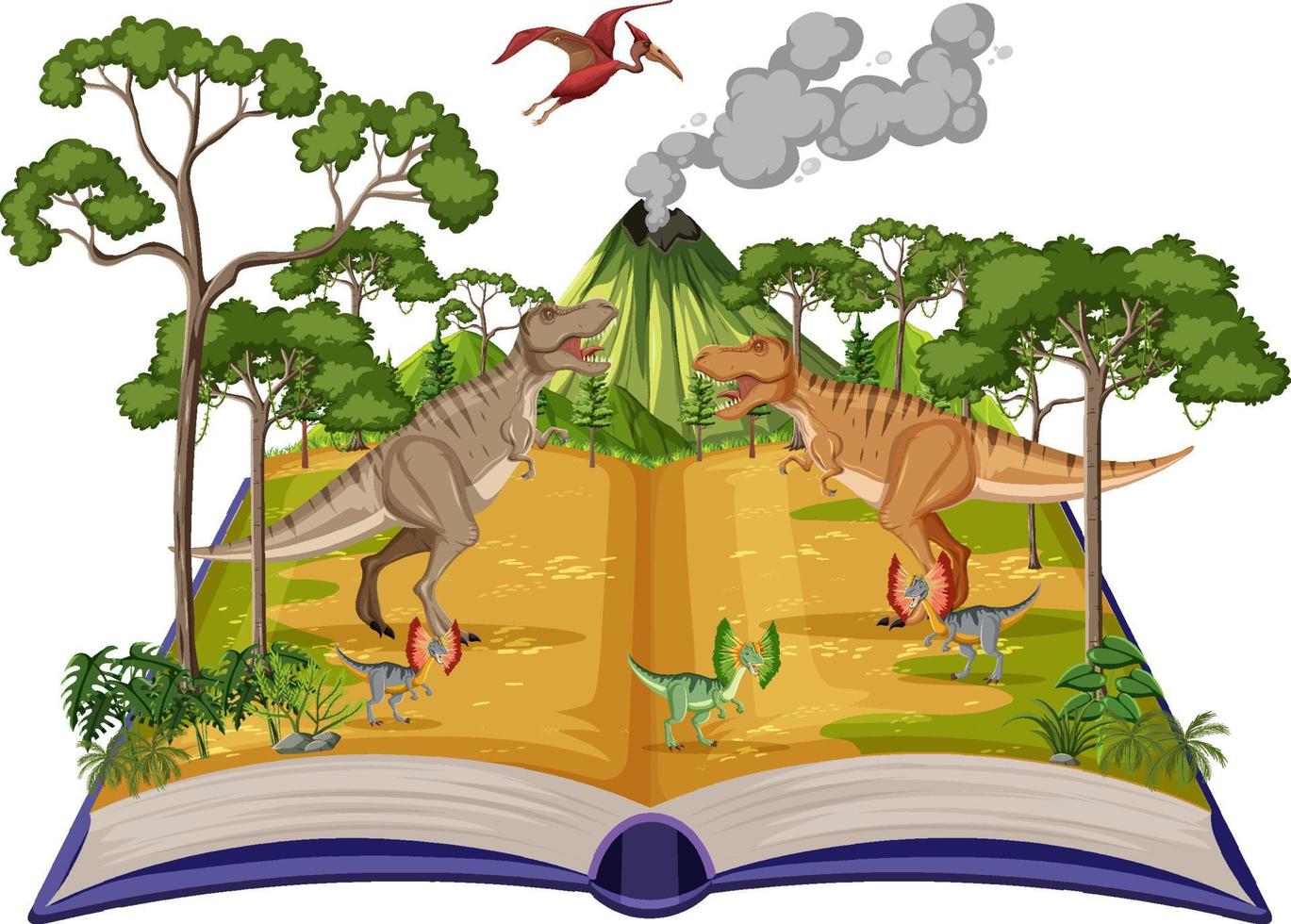 livro com cena de dinossauros na floresta vetor