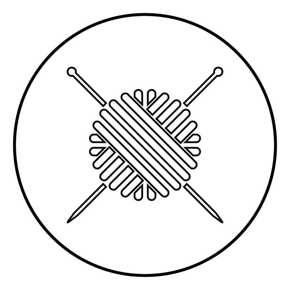 bola de fios de lã e ícone de agulhas de tricô cor preta em círculo redondo vetor