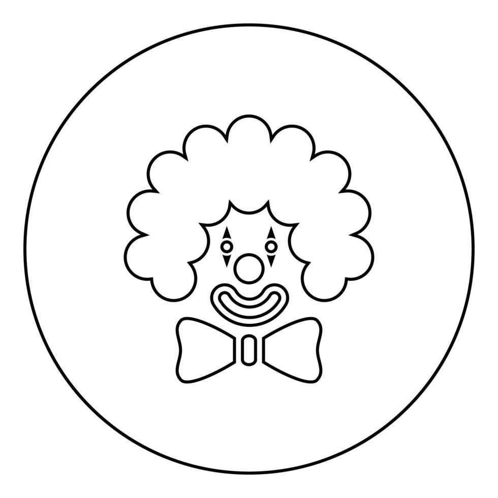 cabeça de rosto de palhaço com grande laço e cabelo encaracolado carnaval circo convite engraçado ícone do conceito em círculo contorno redondo ilustração vetorial de cor preta imagem de estilo plano vetor