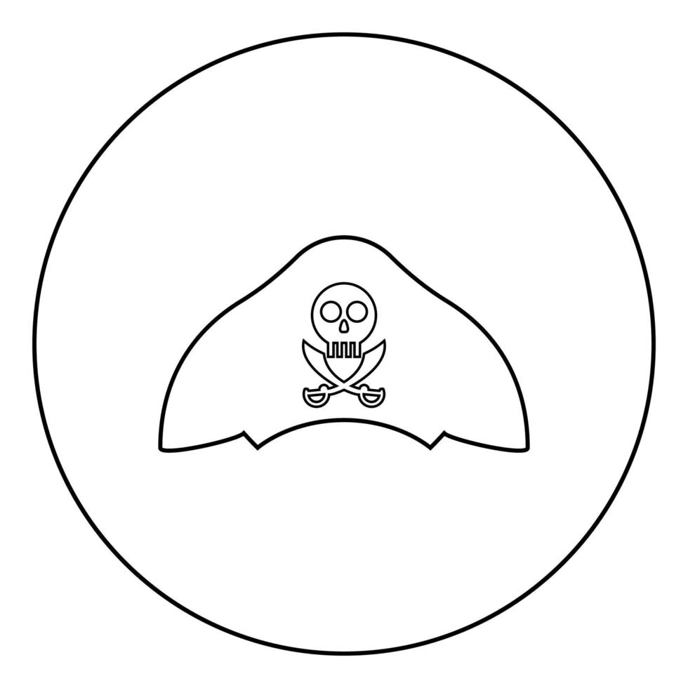 chapéu de pirata com ícone de caveira e sabre em círculo redondo contorno ilustração vetorial de cor preta imagem de estilo plano vetor