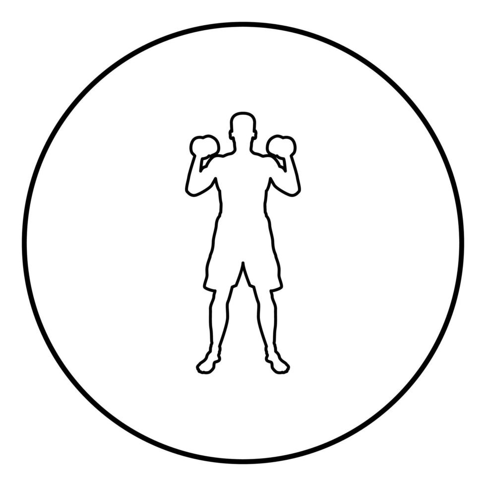 homem fazendo exercícios com halteres esporte ação silhueta treino masculino silhueta vista frontal ícone ilustração de cor preta em círculo redondo vetor