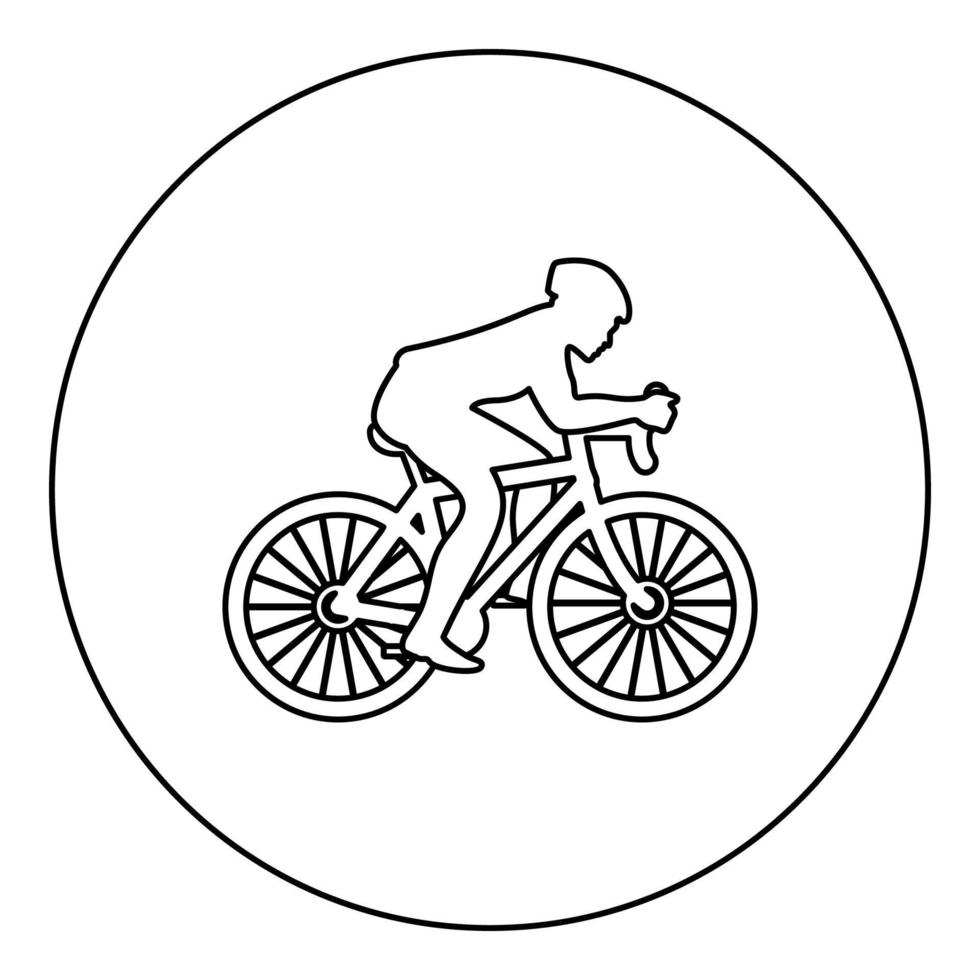 ciclista na cor preta do ícone da silhueta da bicicleta no círculo redondo vetor