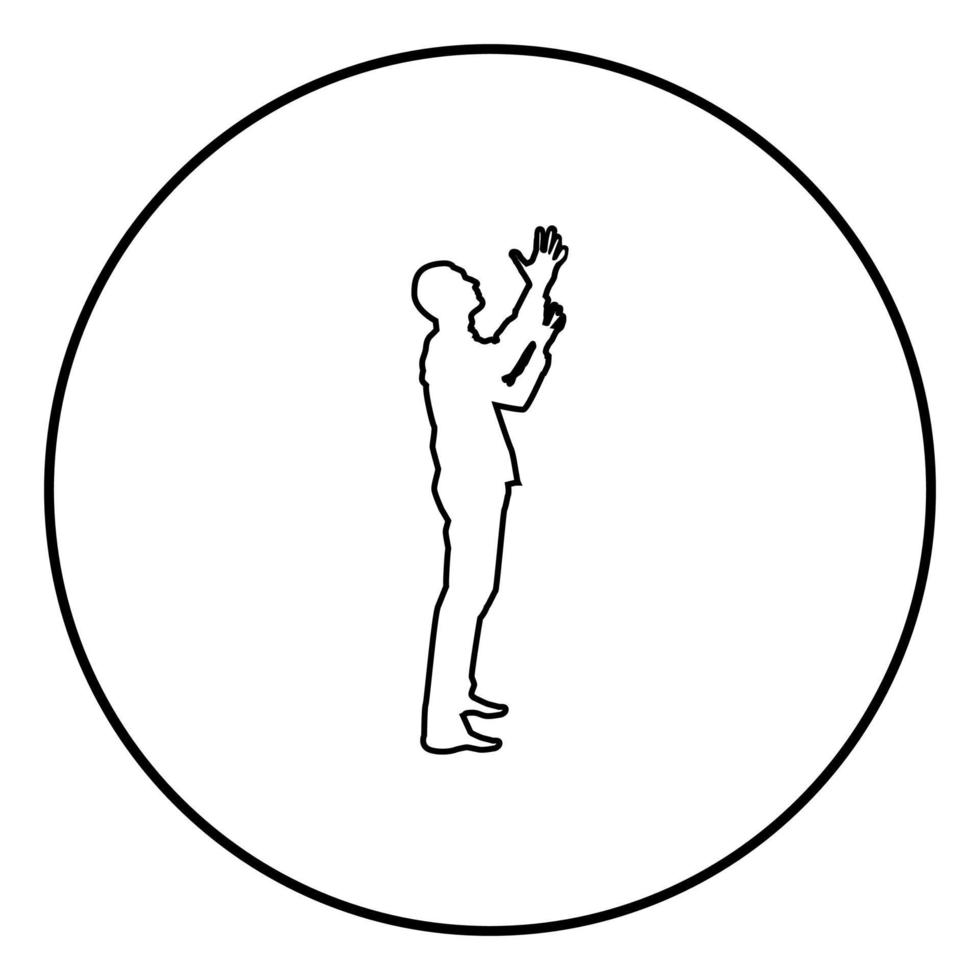 homem está se voltando para o céu homem para cima apelo de braço a deus rezar conceito silhueta ícone ilustração de cor preta em círculo redondo vetor