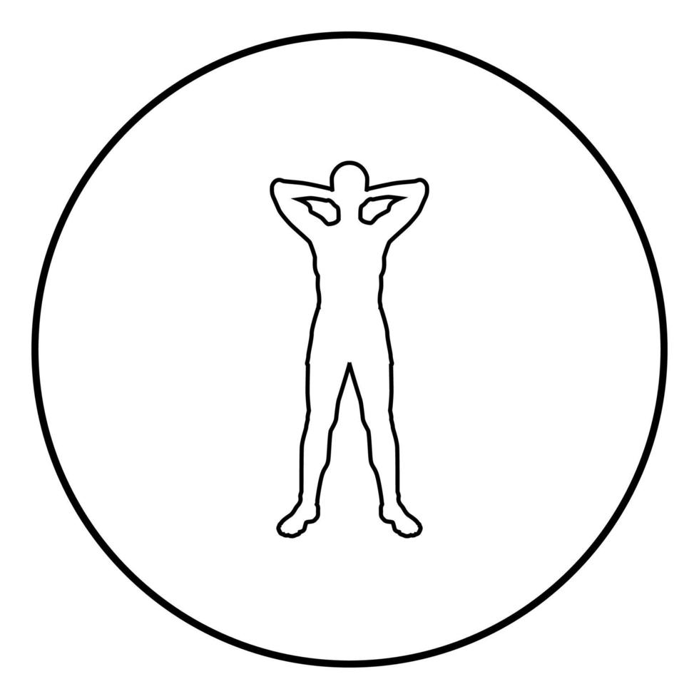 conceito relaxar esportista fazendo exercício homem segura as mãos atrás da cabeça ícone ilustração de cor preta em círculo redondo vetor