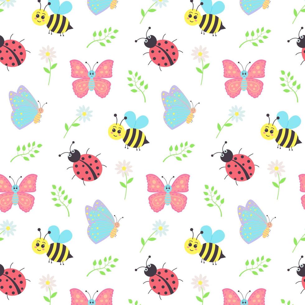 padrão perfeito com abelhas fofas, borboletas, joaninhas, margaridas e galhos. vetor