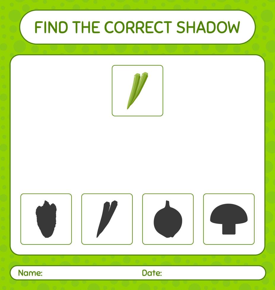 encontre o jogo de sombras correto com quiabo. planilha para crianças pré-escolares, folha de atividades para crianças vetor