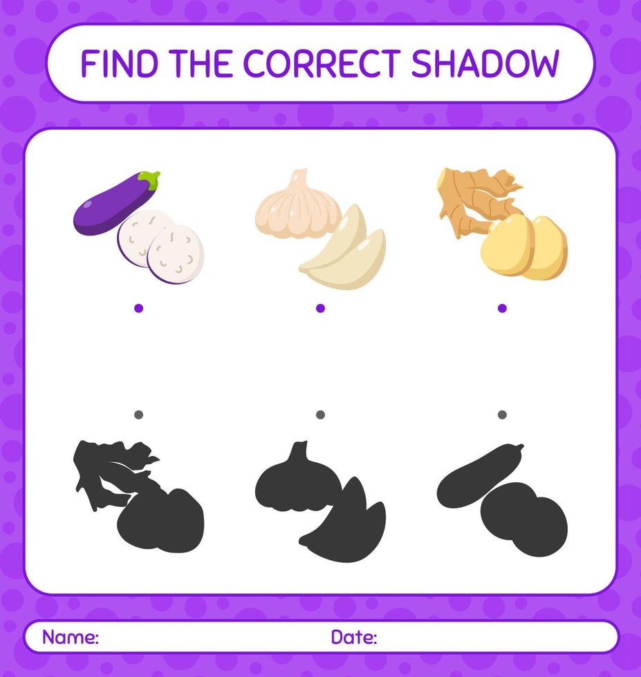 encontre o jogo de sombras correto com legumes. planilha para crianças pré-escolares, folha de atividades para crianças vetor