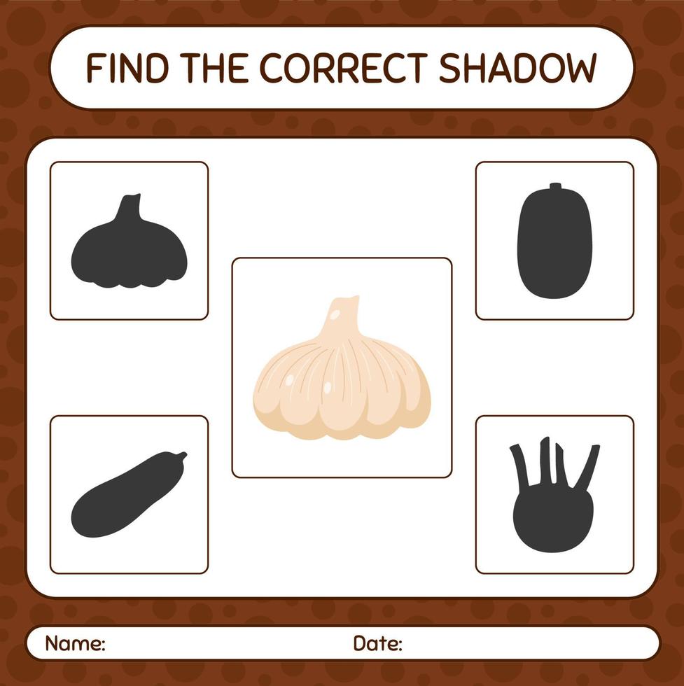 encontre o jogo de sombras correto com alho. planilha para crianças pré-escolares, folha de atividades para crianças vetor