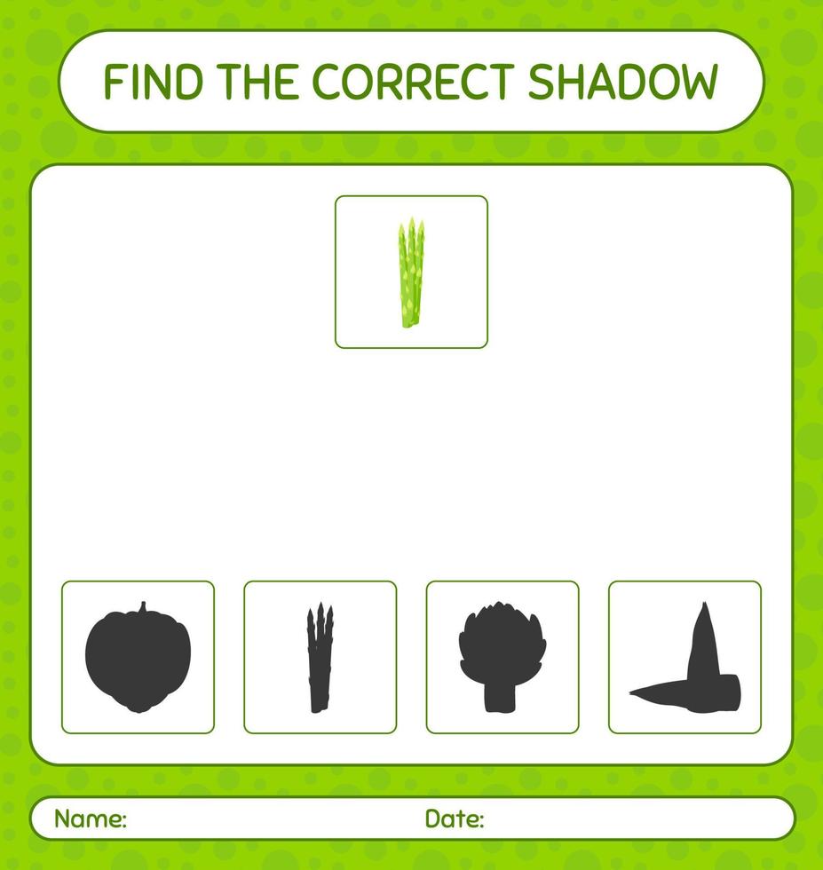 encontre o jogo de sombras correto com aspargos. planilha para crianças pré-escolares, folha de atividades para crianças vetor