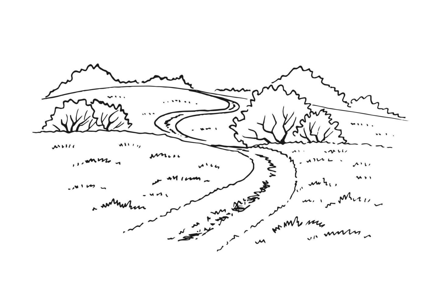 paisagem rural com estrada e árvore. mão desenhada ilustração convertida em vetor. vetor