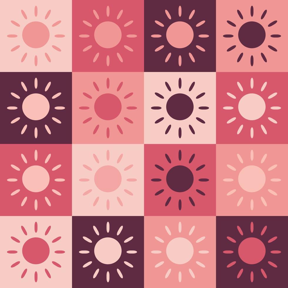 design de ilustração vetorial padrão sem emenda. o sol brilha em muitos tons de rosa, vermelho, marrom dentro de cada bloco ou caixa. vetor