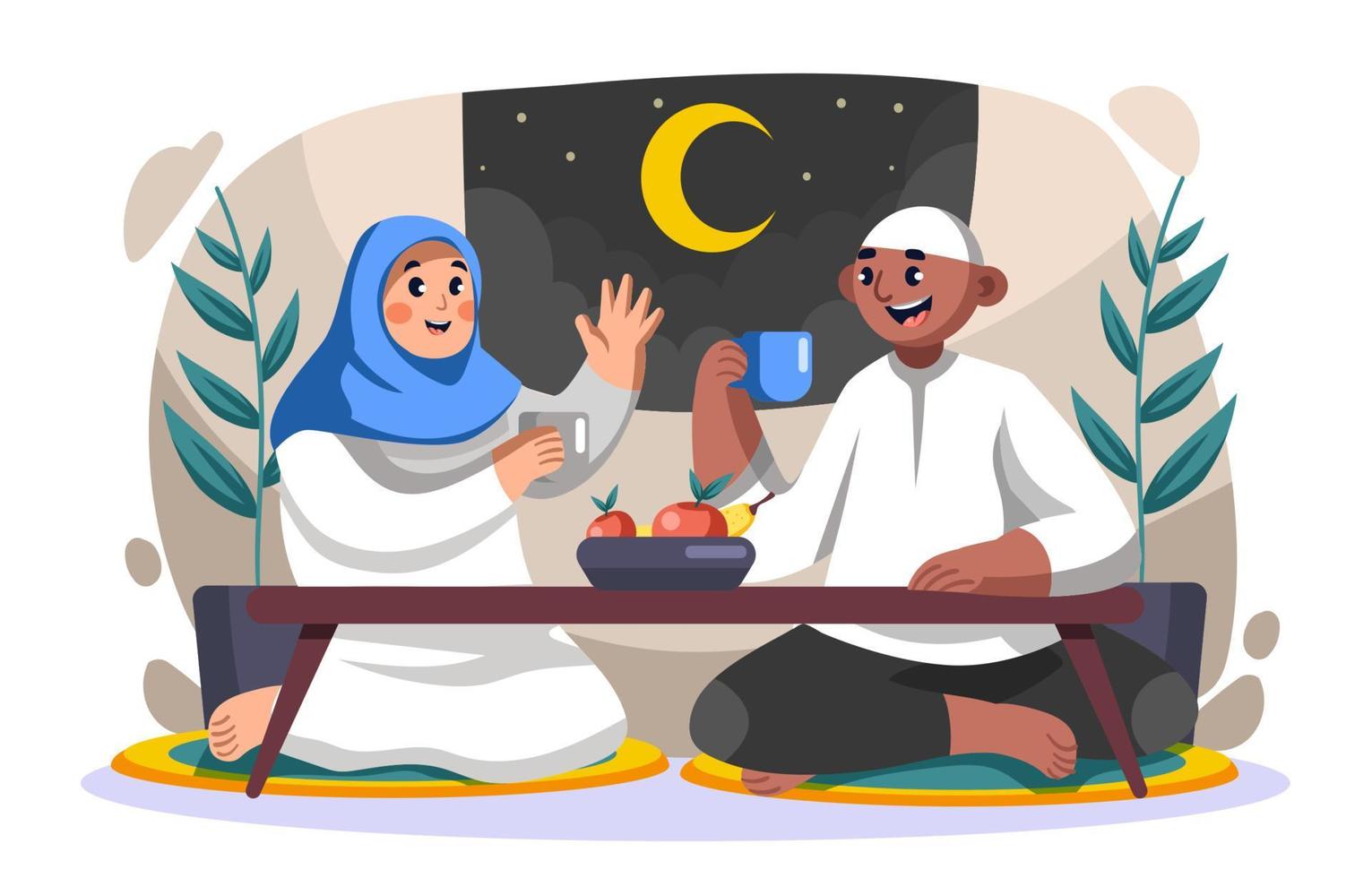 família feliz café da manhã saudável iftar vetor