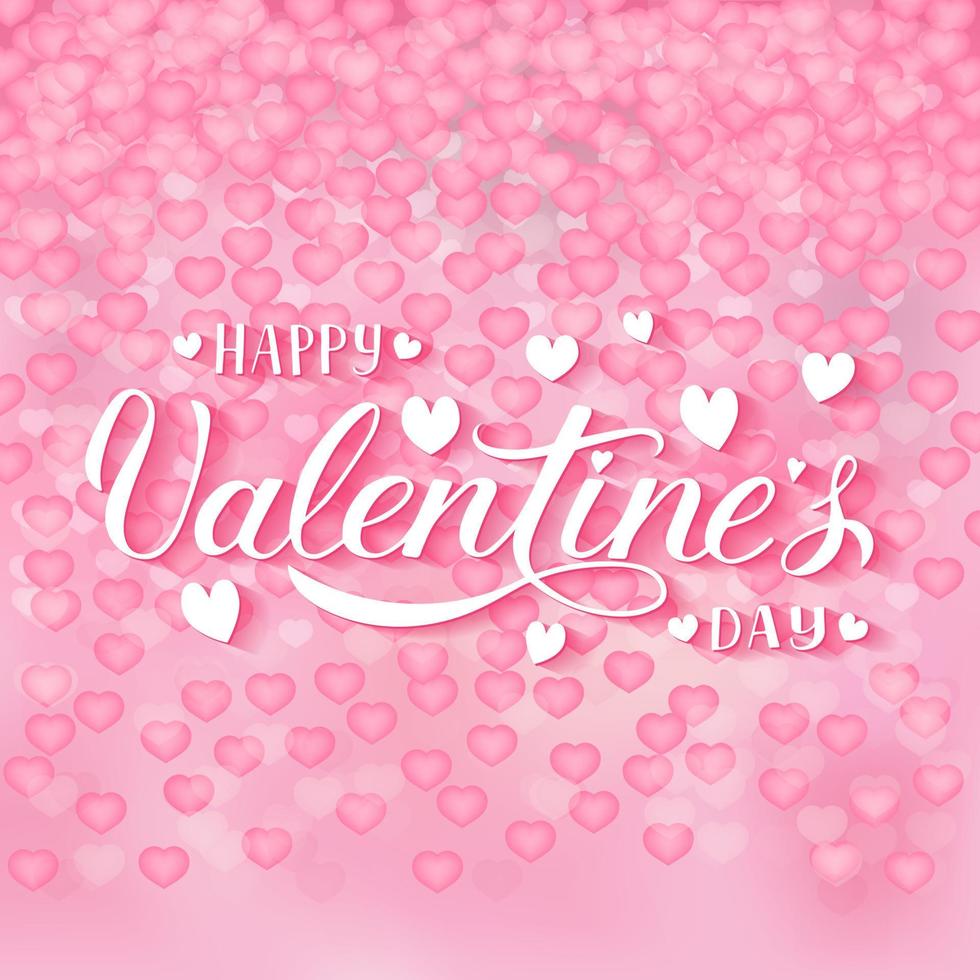 feliz dia dos namorados letras de mão de caligrafia em fundo rosa suave com confete de corações 3d. modelo de vetor fácil de editar para cartão de dia dos namorados