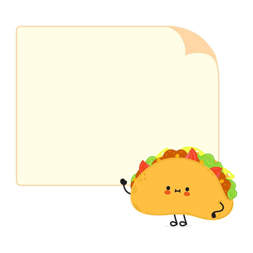 personagem de taco engraçado bonito com bolha do discurso. vetor mão desenhada ícone de ilustração de personagem kawaii dos desenhos animados. isolado no fundo branco. conceito de personagem de taco