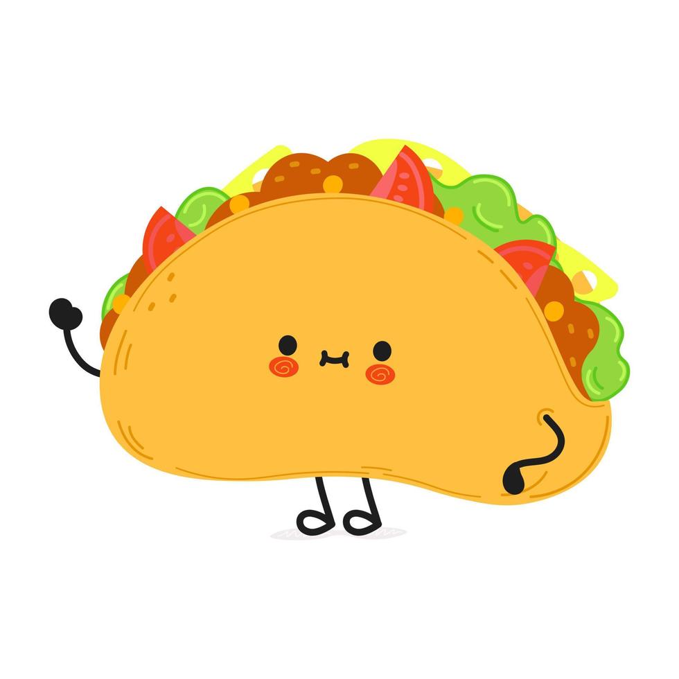 personagem de mão acenando taco engraçado bonito. vetor mão desenhada ícone de ilustração de personagem kawaii dos desenhos animados. isolado no fundo branco. conceito de personagem de taco