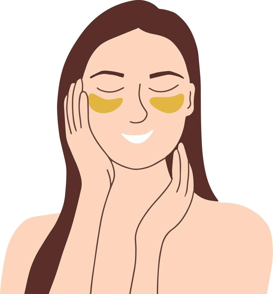 uma mulher faz um tratamento cosmético em casa. manchas hidratantes sob os olhos. conceito de cuidados com a pele, tratamentos faciais de spa. rotina matinal vetor