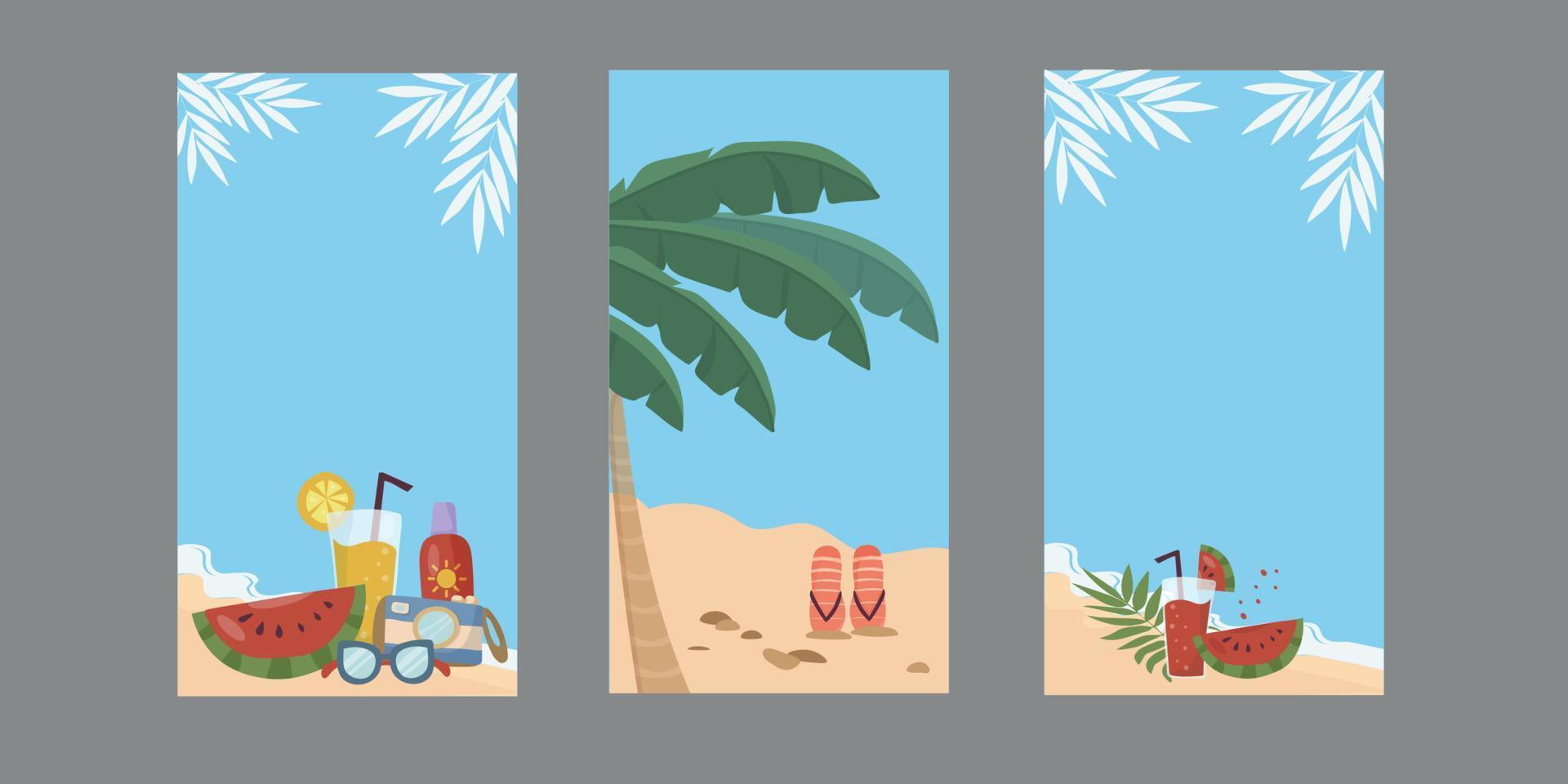 histórias de mídia social. fundo com praia e mar. enquadramento de folhas tropicais e coisas de verão, chinelos na areia, coquetel de frutas e melancia. vetor