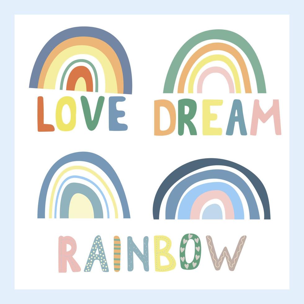 coleção de arco-íris em estilo boho, cores pastel. letras desenhadas à mão - amor, sonho e arco-íris. estampas abstratas feitas à mão vetor