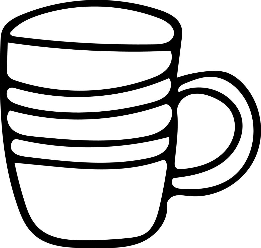 Copa com listras desenhadas à mão em estilo doodle. único elemento escandinavo hygge aconchegante monocromático. chá, café, casa, bebida, café. ícone de design, cartão, adesivo, pôster vetor