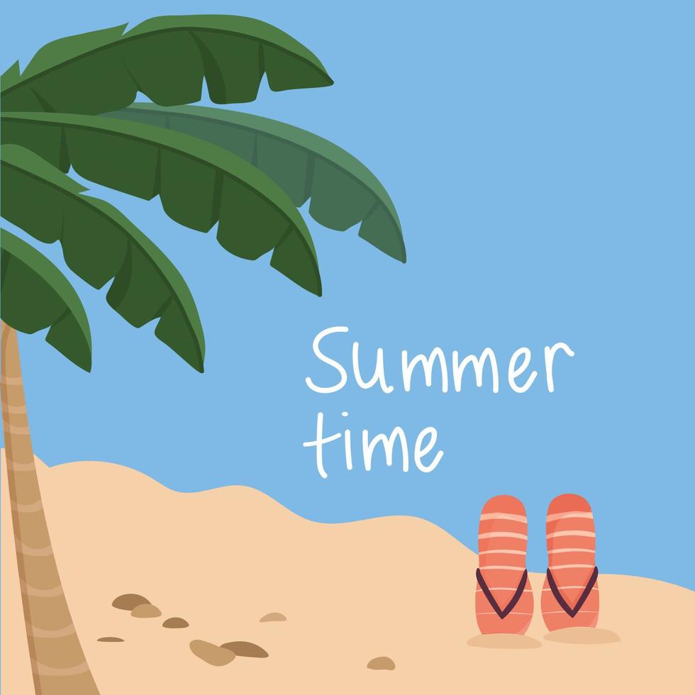aproveite o horário de verão. a praia e uma palmeira com folhas grandes. chinelos femininos rosa em pé na areia. vetor