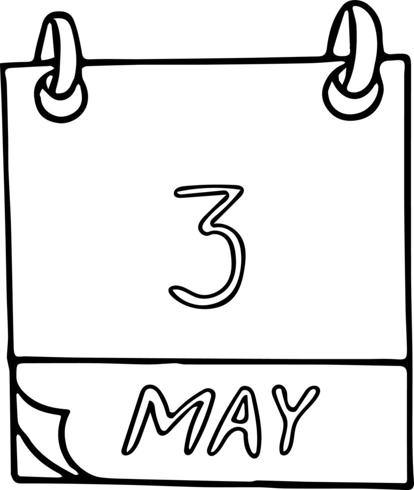 calendário desenhado à mão em estilo doodle. 3 de maio dia mundial da liberdade de imprensa, sol, data. ícone, elemento de adesivo para design. planejamento, férias de negócios vetor