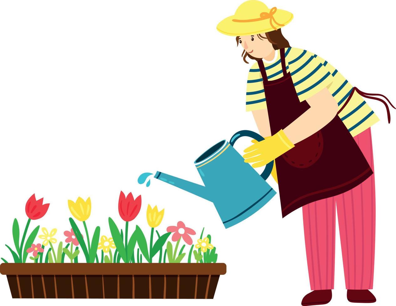 ilustração de menina feliz - jardineiro regar um canteiro de flores. menina-jardineira cuida do jardim vetor