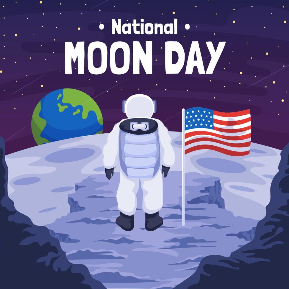 astronauta e bandeira americana para o dia nacional da lua vetor