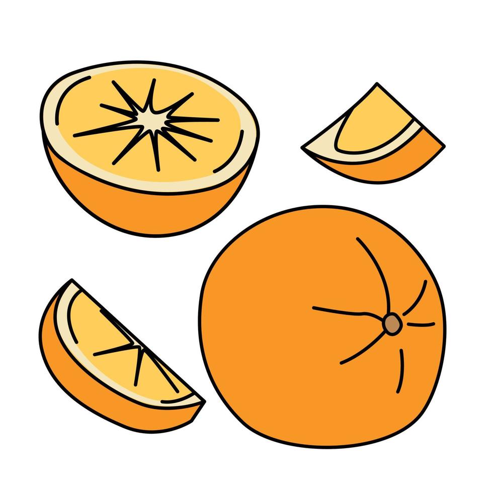 conjunto de ícone plano de fruta laranja. citrinos amarelos inteiros e cortados. estilo de desenho animado. vetor