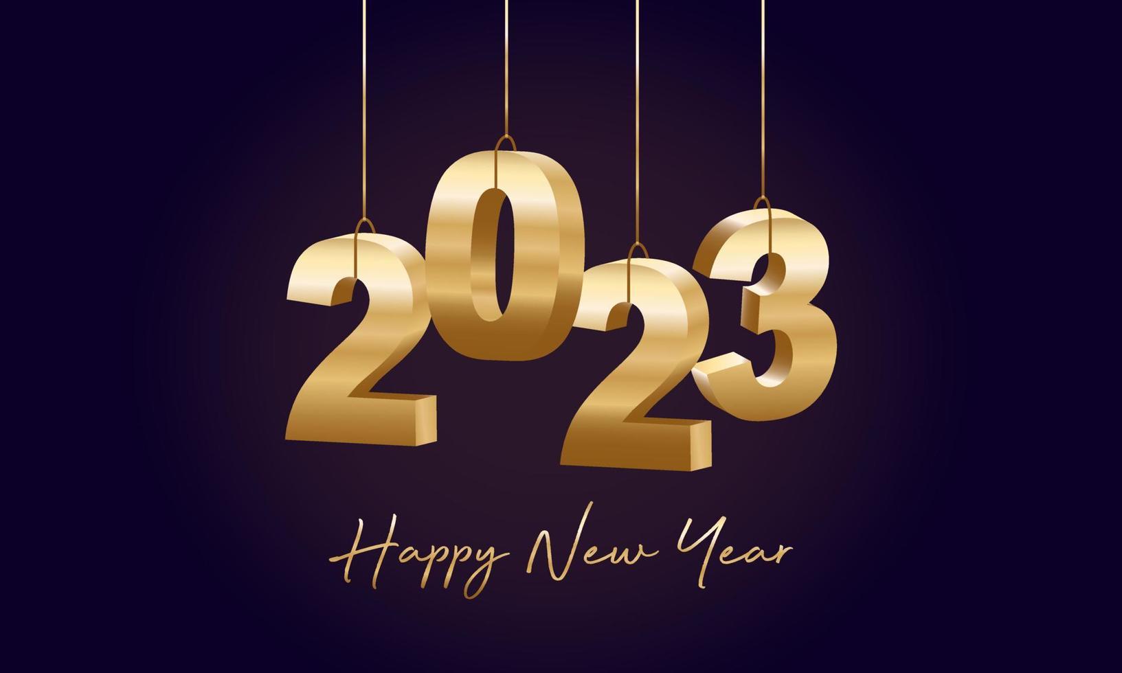 feliz ano novo 2023 pendurado números 3d dourados com fitas, fundo moderno feliz ano novo vetor
