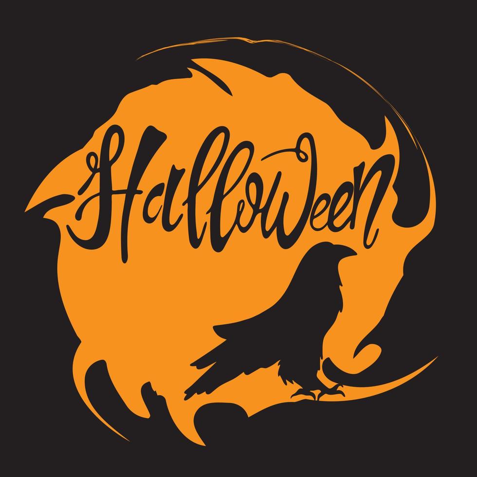 misterioso logotipo de halloween com corvo. letras manuscritas com local. vetor