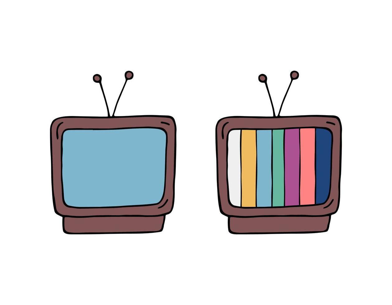 doodle tv retrô dos anos 90 isolado. televisão vintage com teste de listras coloridas e vazias. ilustração vetorial de doodle colorido no fundo branco vetor