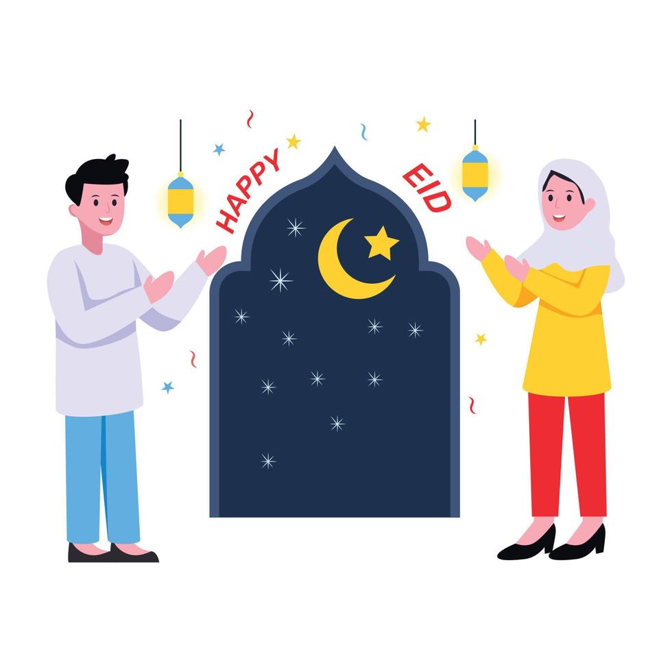 coloque as mãos nesta ilustração plana feliz eid vetor