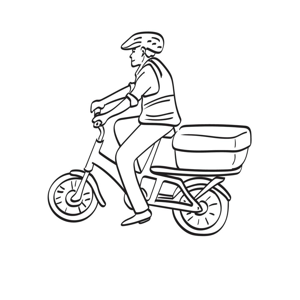 entregador de comida com um saco em uma mão de ilustração vetorial de bicicleta desenhada isolada na arte de linha de fundo branco. vetor