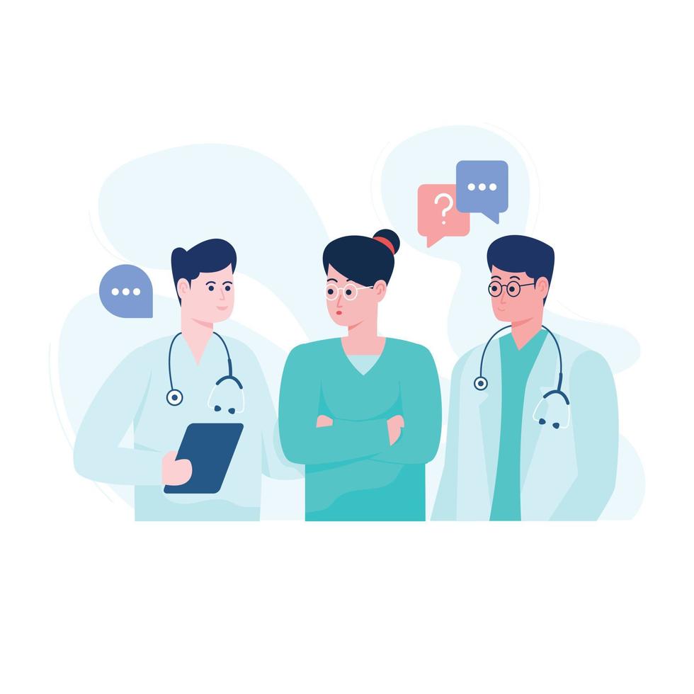 um design de ilustração plana de discussão de médicos, equipe de saúde vetor