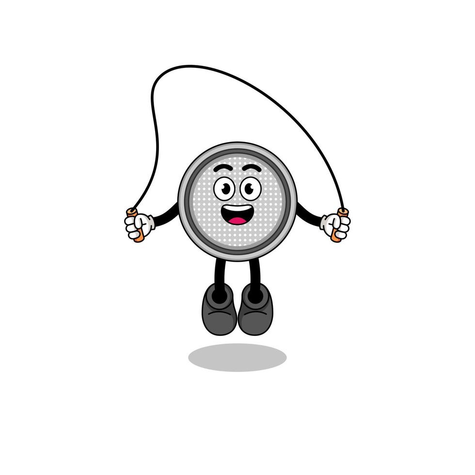 desenho de mascote de célula de botão está brincando de pular corda vetor